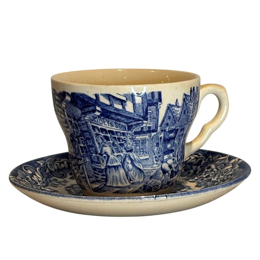 VTG Blue & White English Ironstone Dickens Series Teacup & Saucer, EUC
